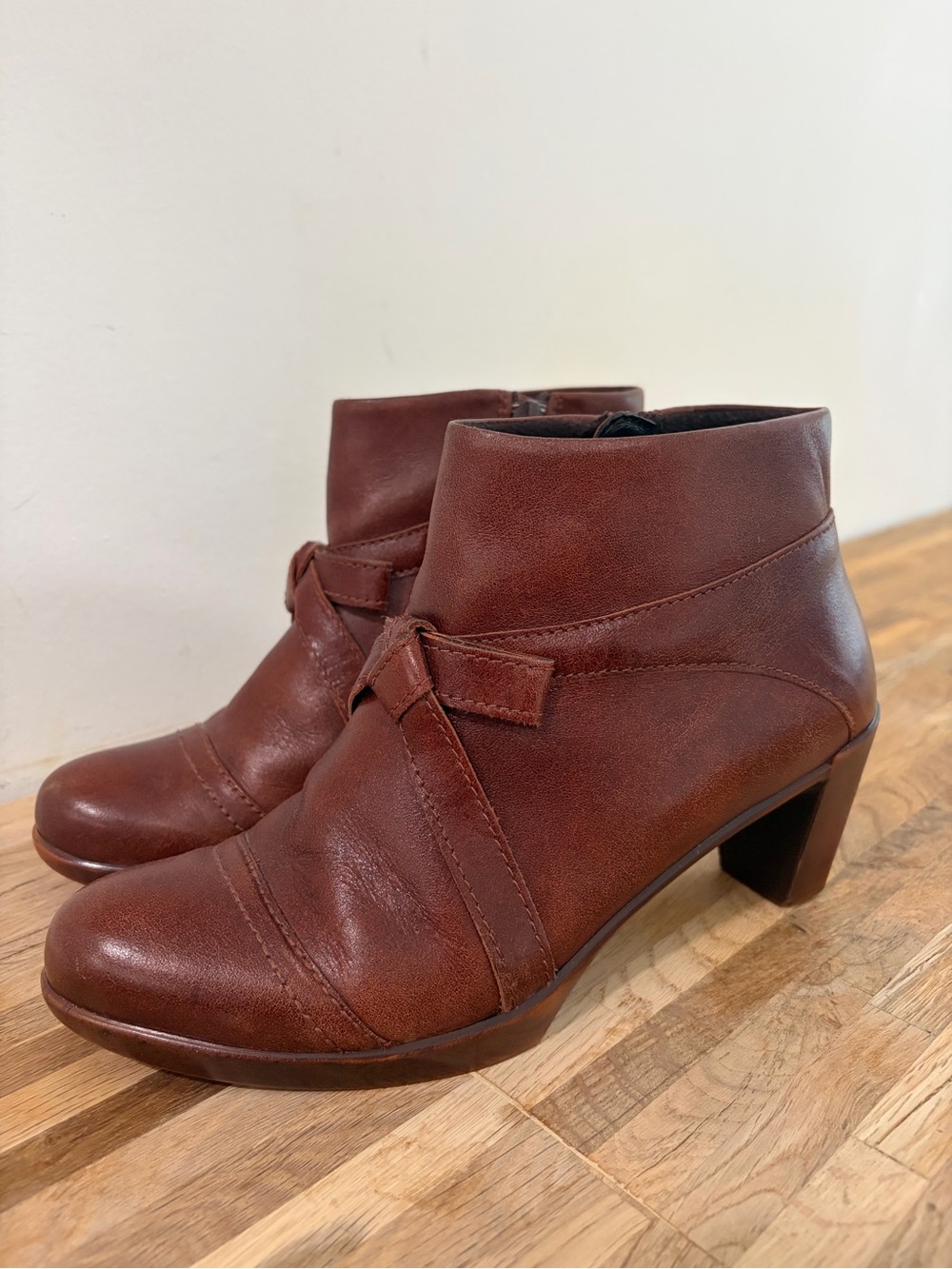 Naot Brown Leather Ankle Booties with Low Block Heel